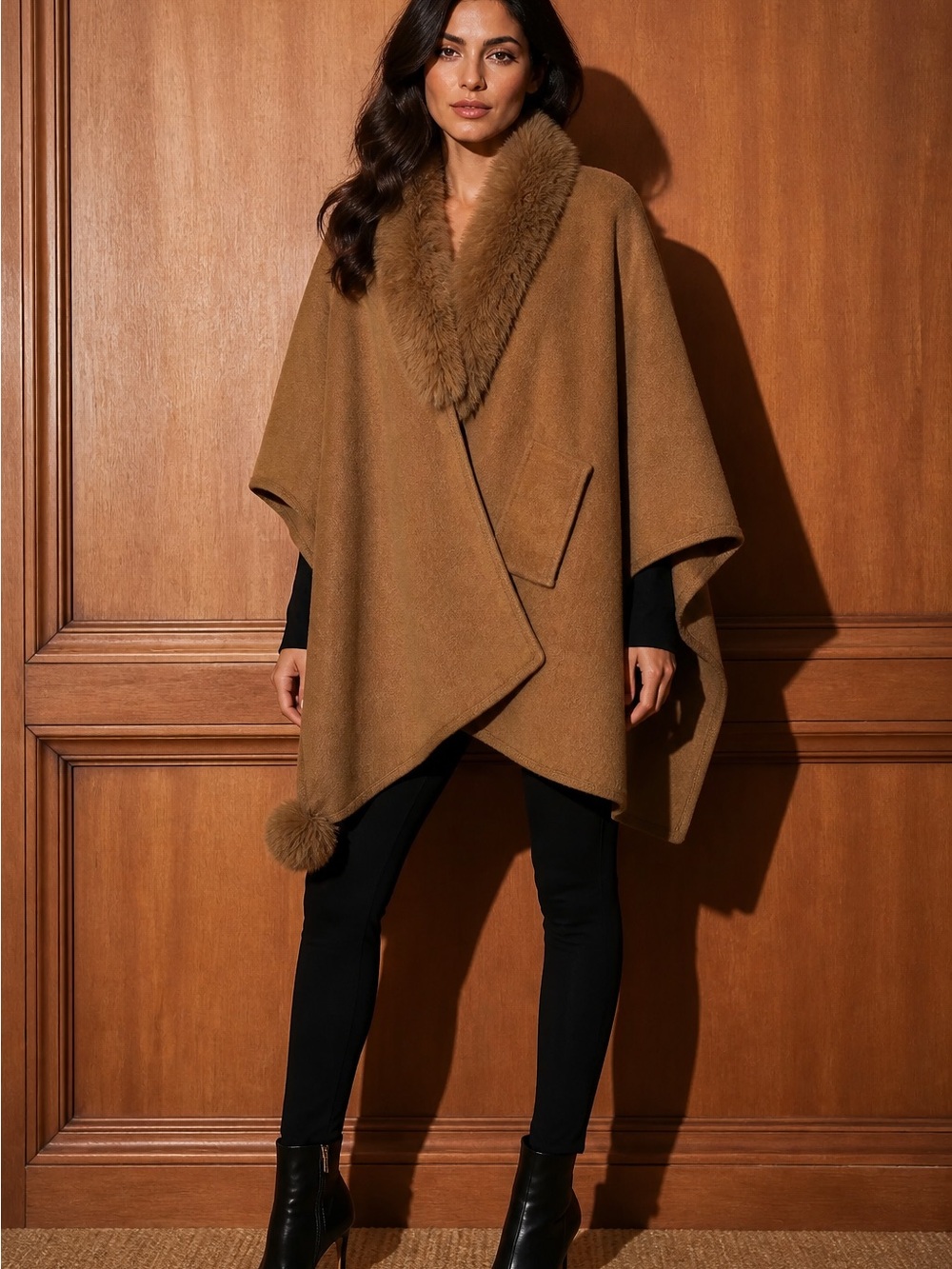 Nanette Lepore Camel Faux-Fur Trim Poncho Sweater